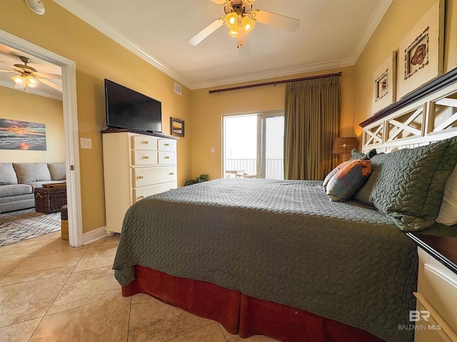 bedroom featuring crown molding, a ceiling fan, light tile patterned floors, and visible vents