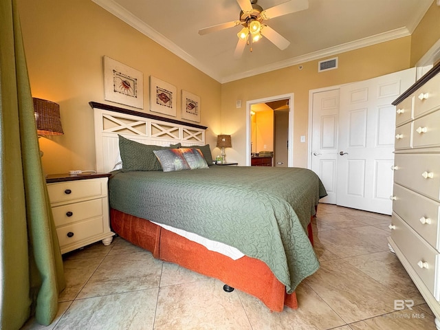 tiled bedroom featuring visible vents, ornamental molding, and ceiling fan