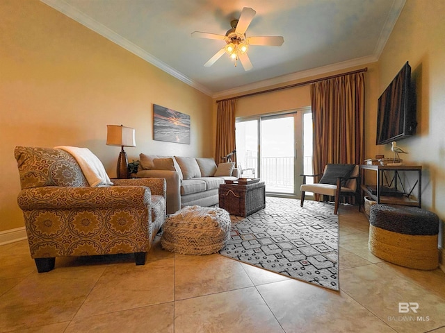 living area with light tile patterned floors, ornamental molding, and ceiling fan