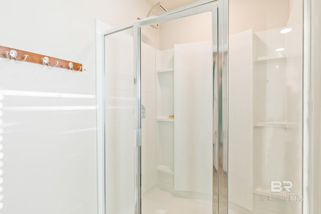 bathroom with a shower with shower door