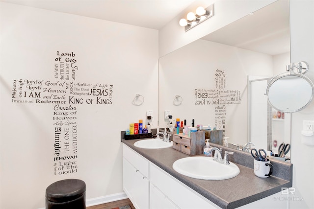 bathroom with hardwood / wood-style flooring and vanity