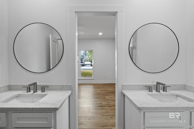 bathroom featuring two vanities, a sink, and wood finished floors