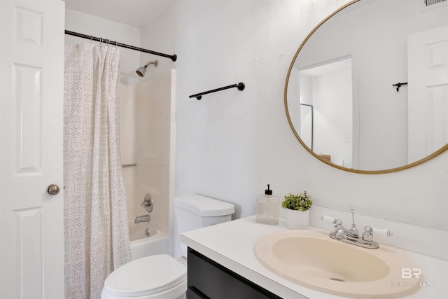 full bathroom with visible vents, toilet, vanity, and shower / bath combination with curtain