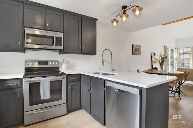 kitchen featuring light wood finished floors, open floor plan, appliances with stainless steel finishes, a peninsula, and a sink