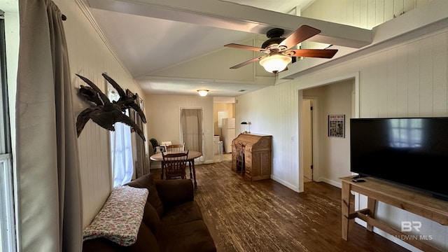 living room with dark hardwood / wood-style flooring, ceiling fan, and lofted ceiling