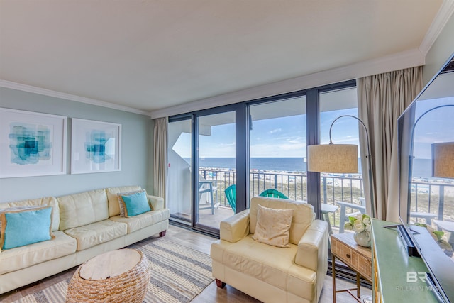 living room with crown molding, floor to ceiling windows, and hardwood / wood-style flooring