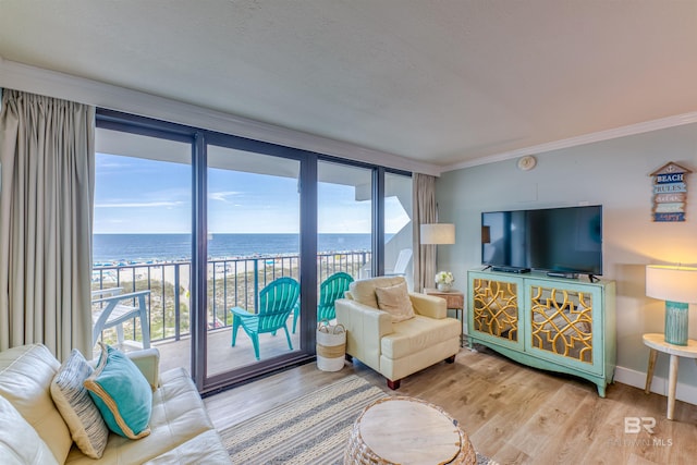 living room featuring a view of the beach, wood-type flooring, expansive windows, ornamental molding, and a water view