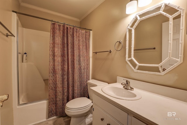 full bathroom featuring ornamental molding, shower / bathtub combination with curtain, vanity, and toilet