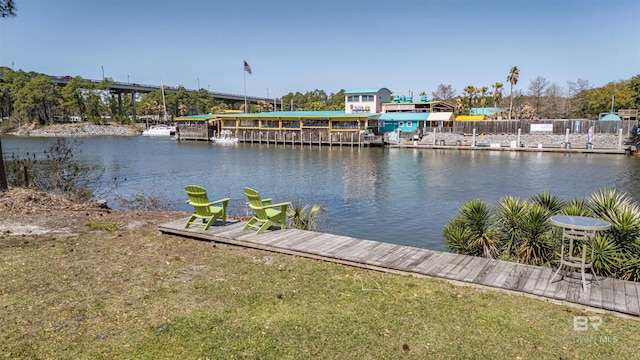 view of dock featuring a water view and a lawn