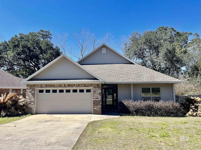 ranch-style home with brick siding, roof with shingles, an attached garage, driveway, and a front lawn