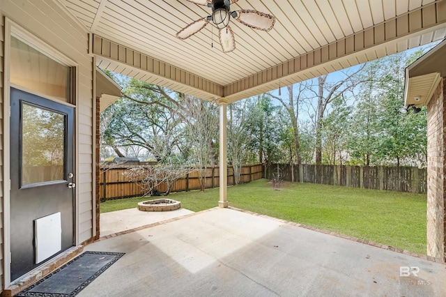 view of patio / terrace featuring a fenced backyard and a ceiling fan