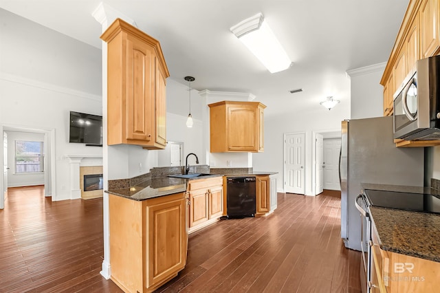 kitchen with visible vents, dark wood-style flooring, stainless steel appliances, crown molding, and a sink