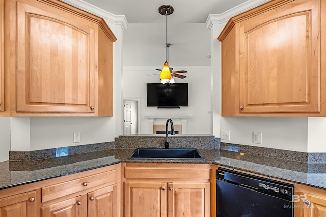 kitchen with dark stone counters, a ceiling fan, dishwasher, light brown cabinetry, and a sink