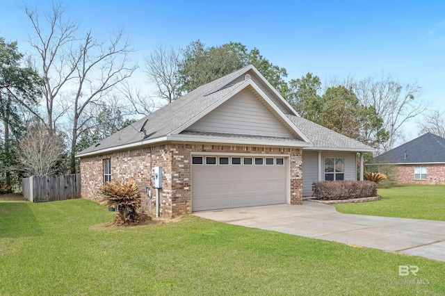 ranch-style home with brick siding, concrete driveway, an attached garage, fence, and a front lawn