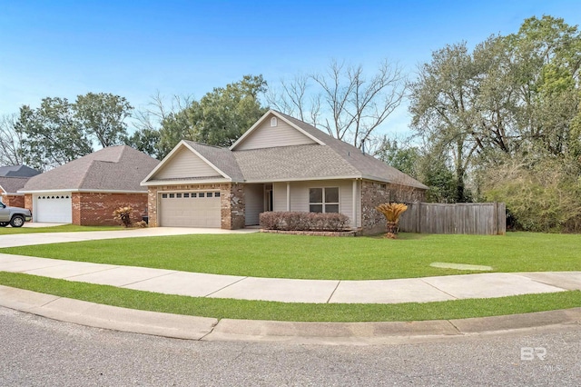 view of front of home with roof with shingles, concrete driveway, fence, a garage, and a front lawn