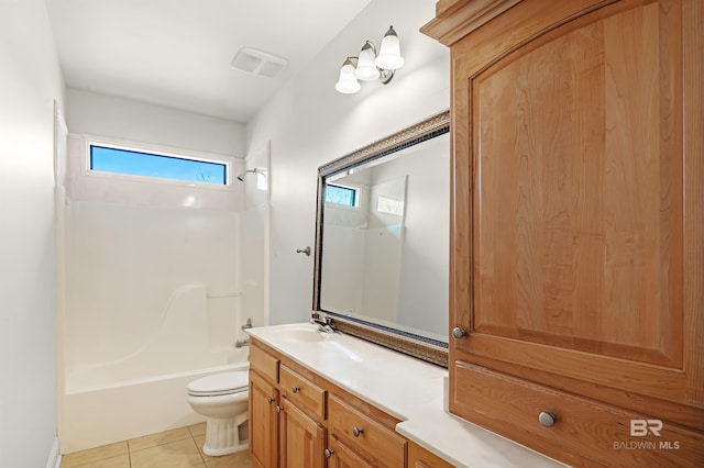 bathroom featuring visible vents, shower / bathing tub combination, toilet, vanity, and tile patterned flooring