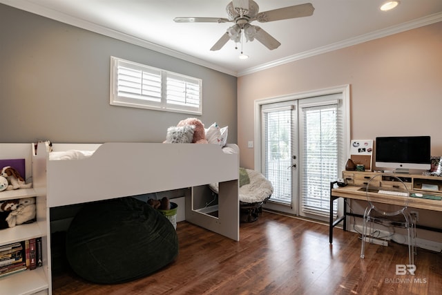 bedroom with crown molding, dark hardwood / wood-style floors, access to outside, and ceiling fan