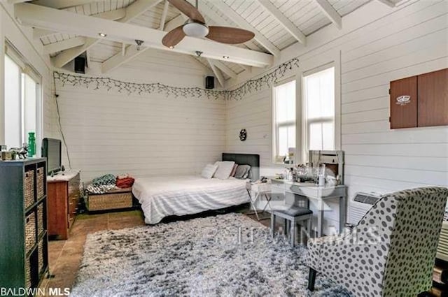 bedroom featuring lofted ceiling with beams, wooden ceiling, and wood walls