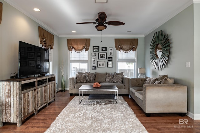 living room featuring ornamental molding, ceiling fan, and dark hardwood / wood-style flooring