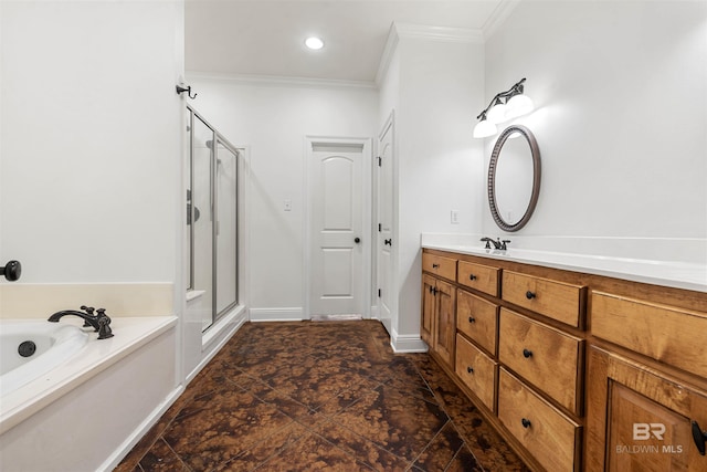 bathroom with vanity, ornamental molding, and plus walk in shower