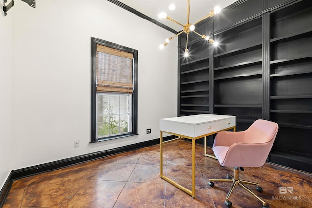 tiled office space with built in shelves, a chandelier, and crown molding