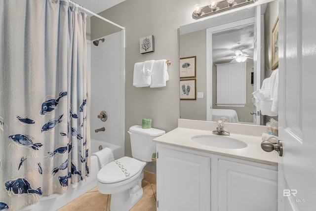 27284 Gulf Rd Unit 711, Orange Beach, AL 36561 - bathroom with shower / bathtub combination with curtain, tile patterned floors, toilet, vanity, and ceiling fan
