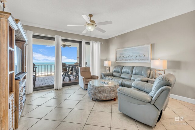 27284 Gulf Rd Unit 711, Orange Beach, AL 36561 - living room with a ceiling fan, light tile patterned floors, baseboards, and crown molding