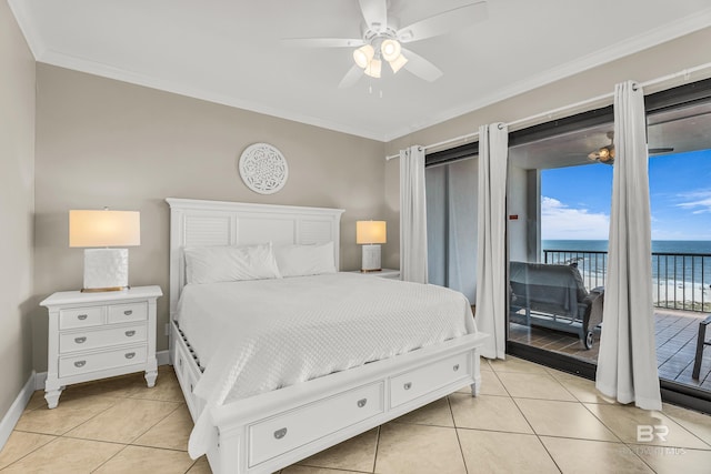 27284 Gulf Rd Unit 711, Orange Beach, AL 36561 - bedroom with access to outside, light tile patterned floors, crown molding, a water view, and baseboards