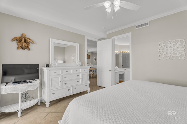 27284 Gulf Rd Unit 711, Orange Beach, AL 36561 - bedroom featuring light tile patterned flooring, crown molding, ensuite bath, and a ceiling fan