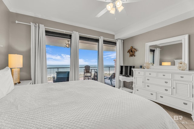 27284 Gulf Rd Unit 711, Orange Beach, AL 36561 - bedroom with access to outside, ornamental molding, and a ceiling fan