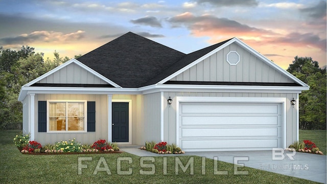 13440 Antler Hill Rd, Spanish Fort, AL 36527 - view of front of house with a shingled roof, a yard, a garage, driveway, and board and batten siding