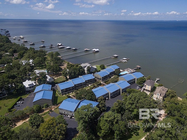 birds eye view of property with a water view