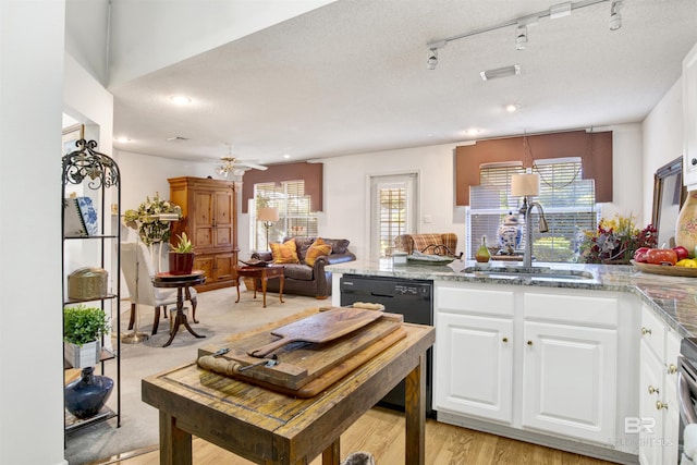 kitchen with ceiling fan, sink, a textured ceiling, track lighting, and white cabinets