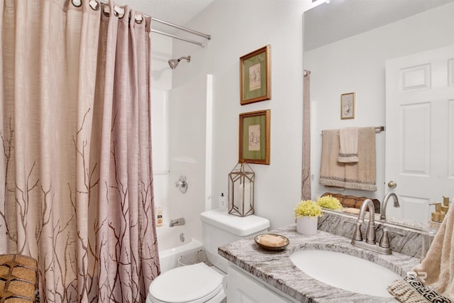 full bathroom with shower / bath combination with curtain, toilet, and vanity