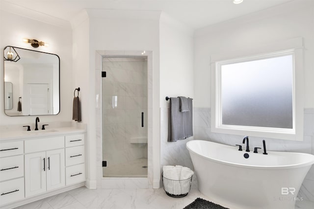 bathroom featuring vanity, ornamental molding, plus walk in shower, and tile walls