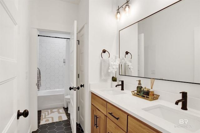 full bathroom featuring vanity, toilet, tile patterned flooring, and shower / bath combo