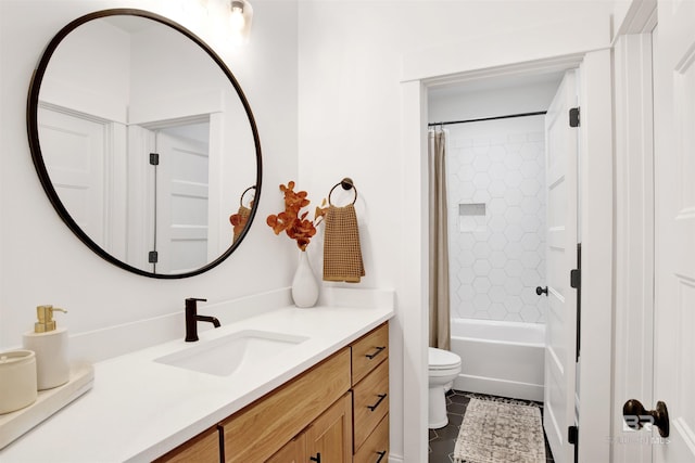 full bathroom featuring shower / bath combination with curtain, vanity, and toilet