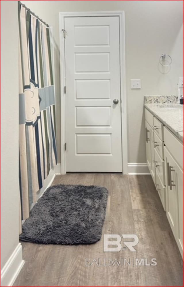 bathroom with vanity and wood-type flooring