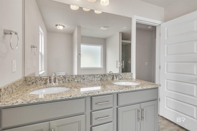 bathroom with vanity, toilet, and walk in shower