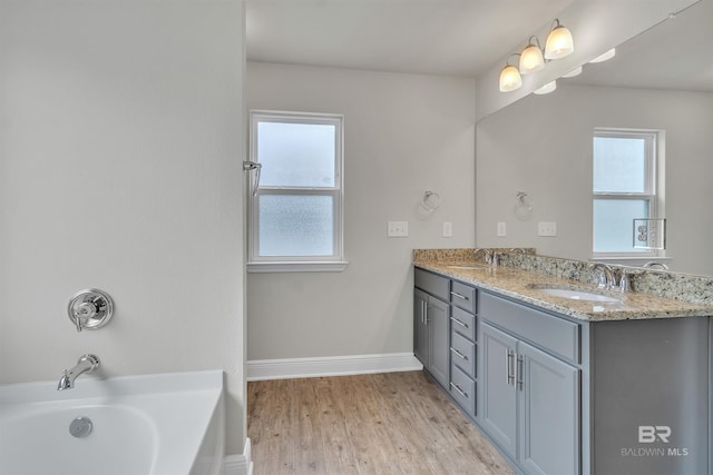 bathroom with vanity, hardwood / wood-style floors, and a tub