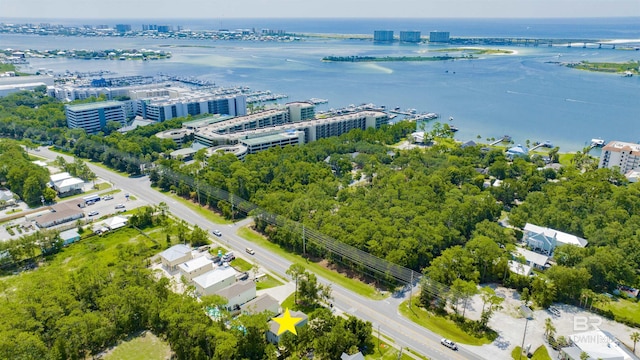 birds eye view of property featuring a water view