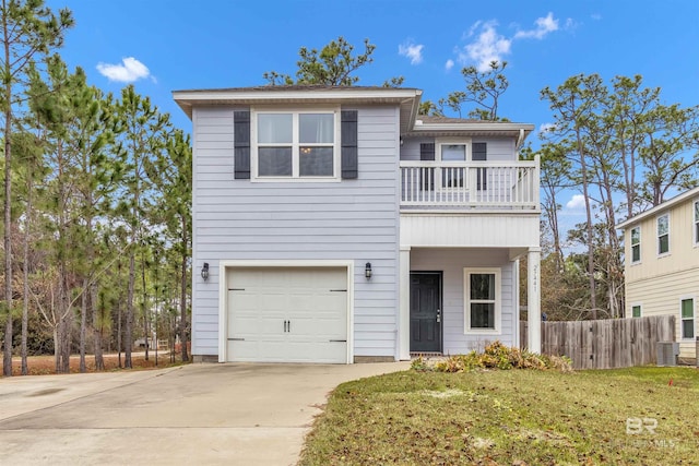 front facade with cooling unit, a garage, a front lawn, and a balcony