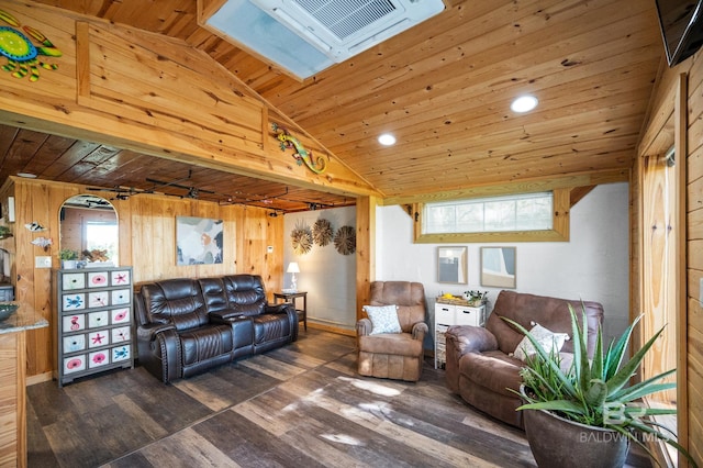 living room featuring vaulted ceiling, wood walls, wooden ceiling, and dark hardwood / wood-style floors