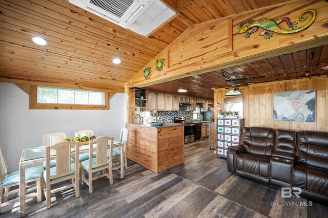 kitchen with backsplash, electric range, wood ceiling, and lofted ceiling