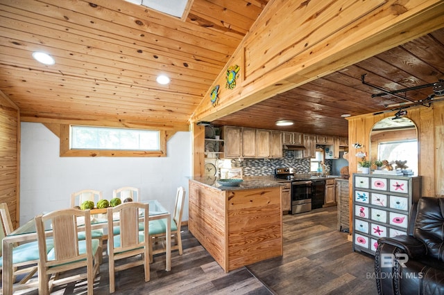 kitchen featuring dark wood-type flooring, tasteful backsplash, kitchen peninsula, stainless steel electric range, and wood ceiling