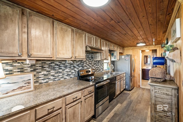 kitchen with sink, dark wood-type flooring, stainless steel appliances, tasteful backsplash, and wood ceiling