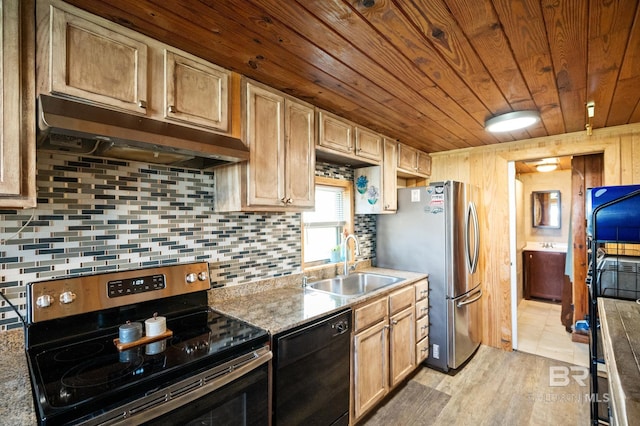 kitchen with sink, backsplash, black appliances, wood ceiling, and light wood-type flooring