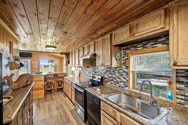 kitchen featuring light wood-type flooring, wood ceiling, stainless steel electric stove, sink, and dishwasher