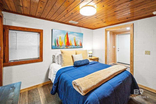 bedroom with dark wood-type flooring and wooden ceiling