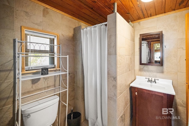 bathroom featuring toilet, vanity, wood ceiling, tile walls, and a shower with shower curtain